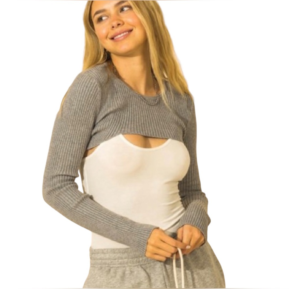 Gray Ribbed Crop Shoulder Sweater